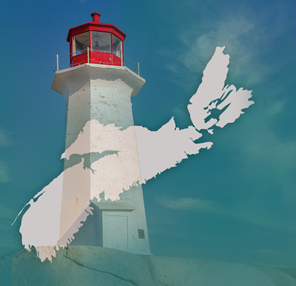 Decorative image of the map of Nova Scotia overtop a photo of a lighthouse